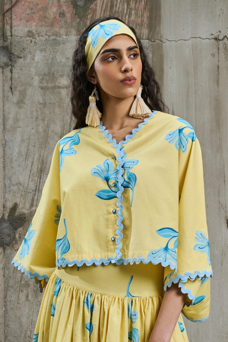 Yellow Floral Batwing Button-Down Shirt with Blue Lace Trim — Pocketful Of Cherrie