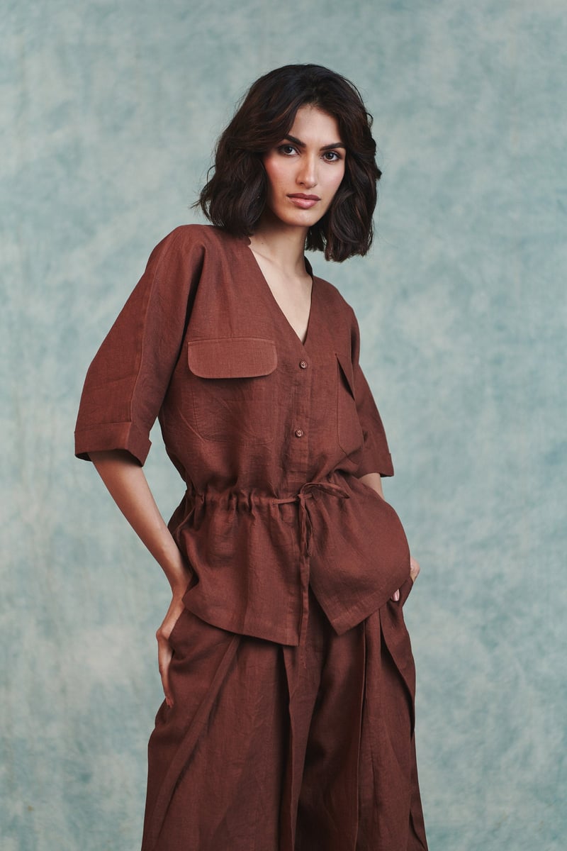 Linen Drawstring Shirt & Pleated Tuck Pants Set
