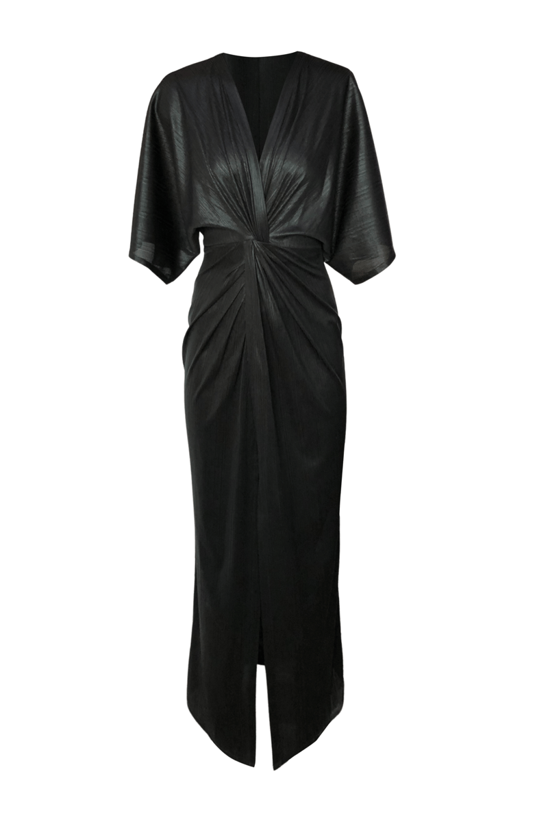 Black Lamé Draped Maxi Gown with V-Neck and Front Slit