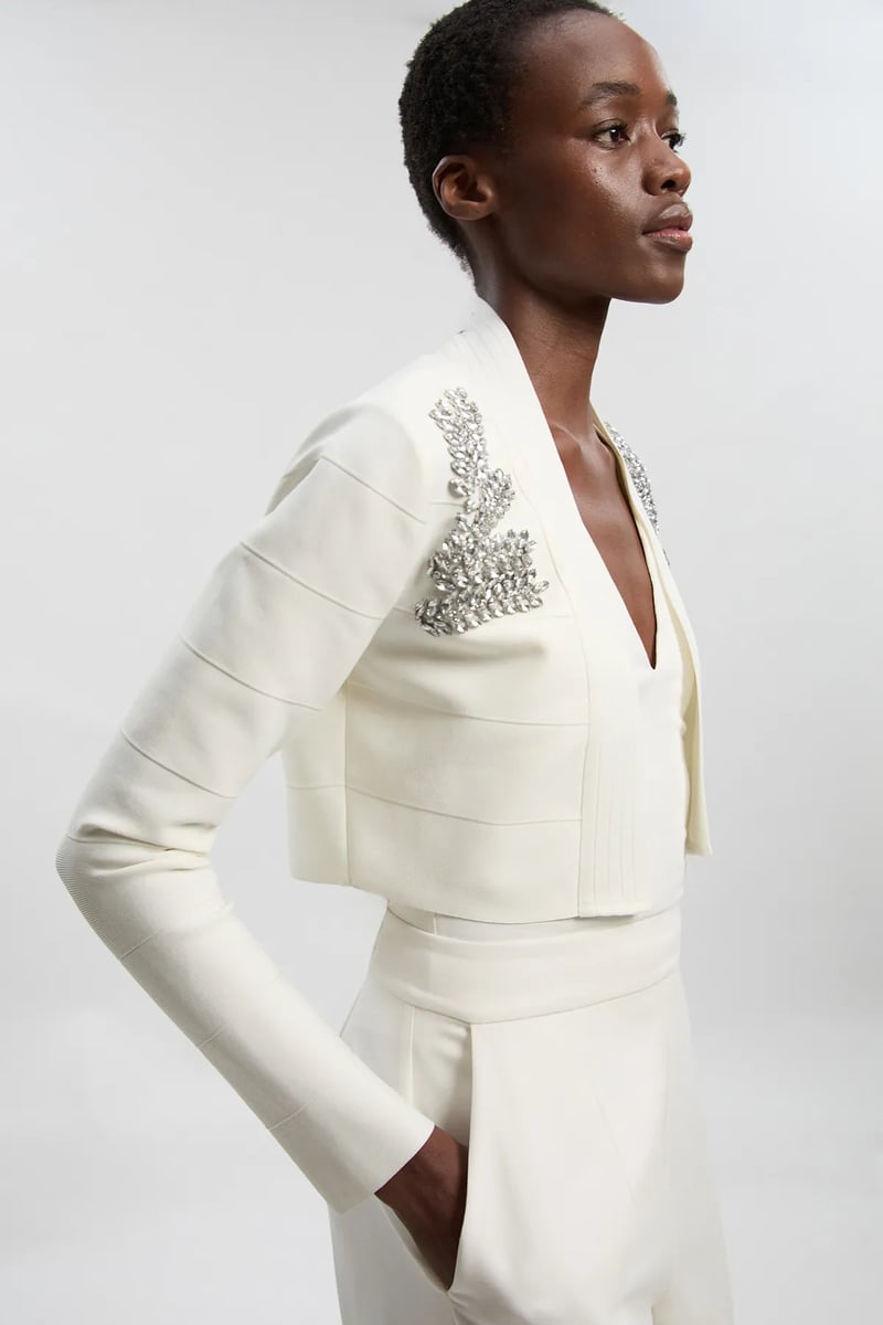 White Cropped Embellished Shoulder Jacket