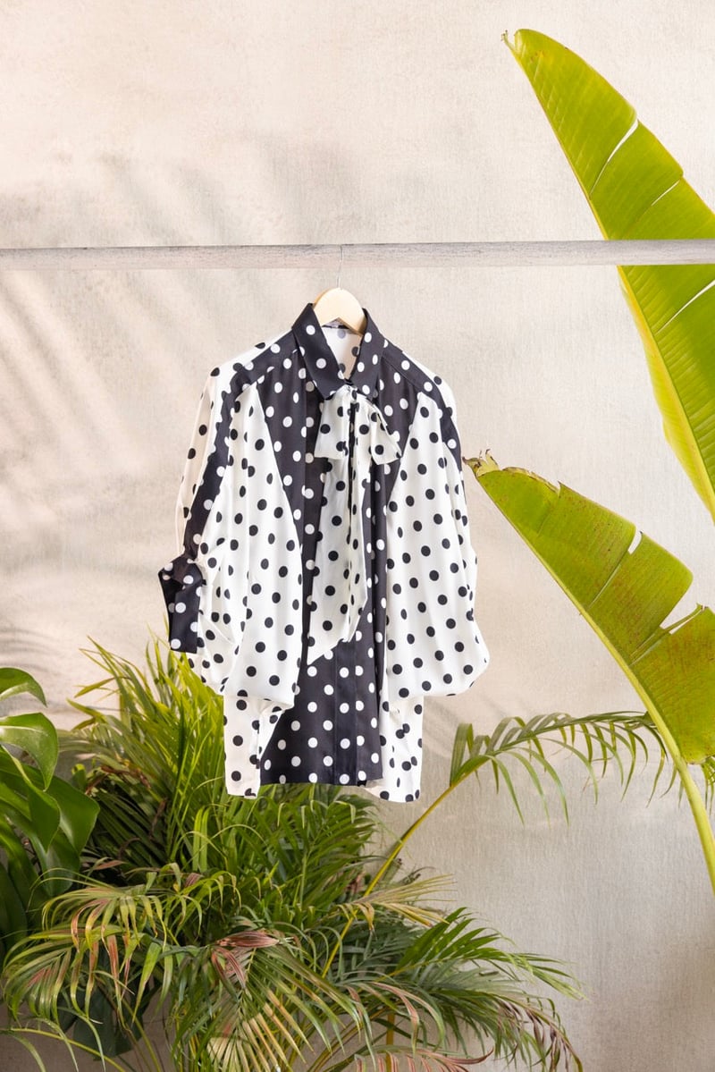 Black and White Polka Dot Tie-Neck Shirt
