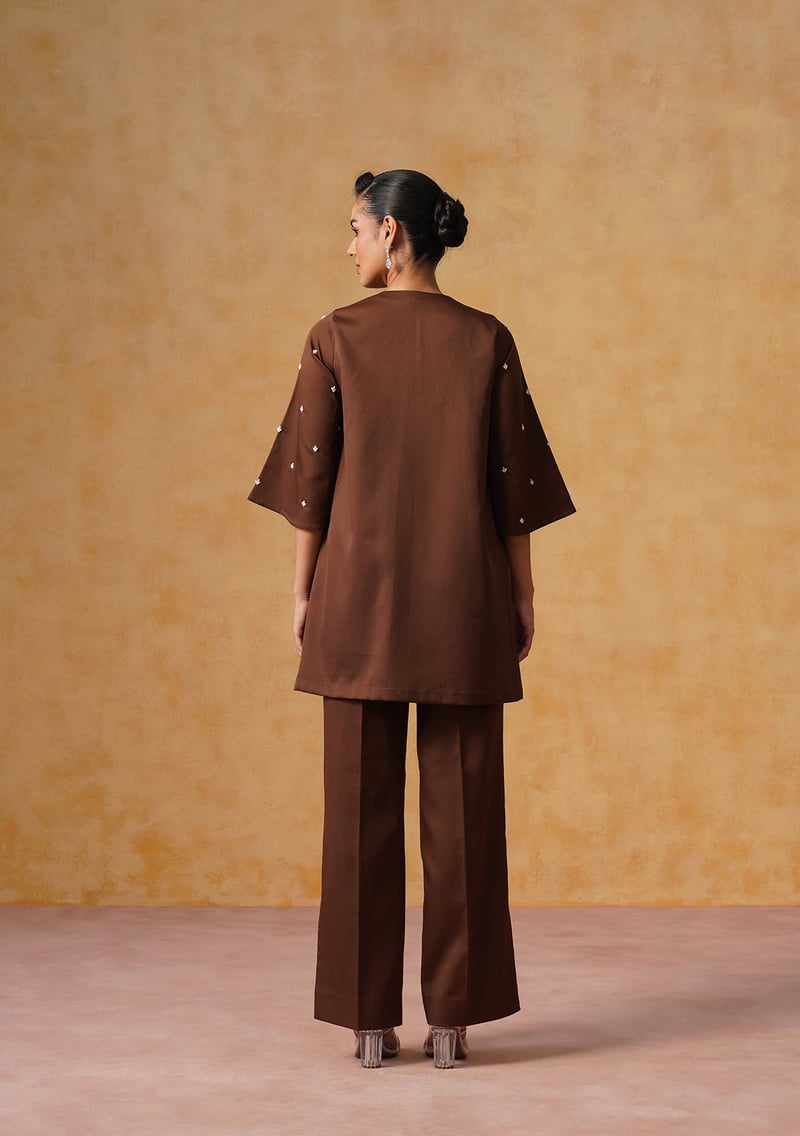 Chocolate Brown Embroidered Tunic and Flared Pants Co-ord Set