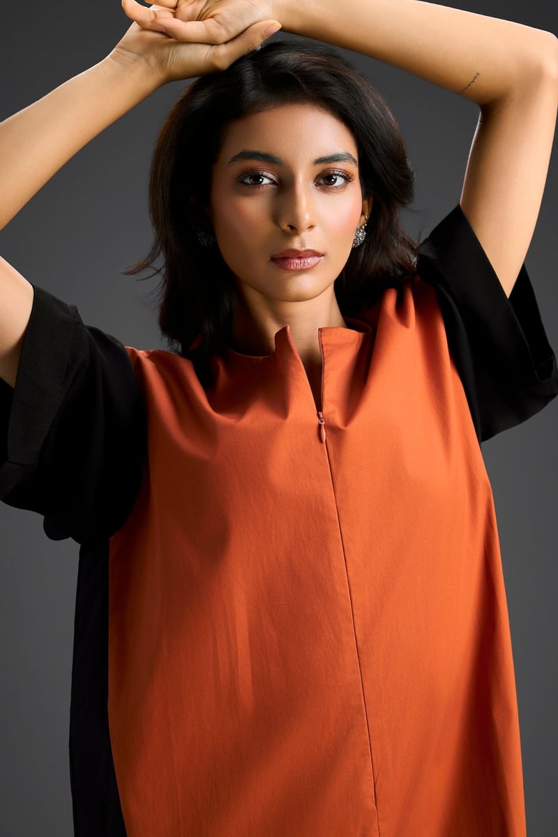 Rust Colorblock Jumpsuit with Metallic Panel Detail