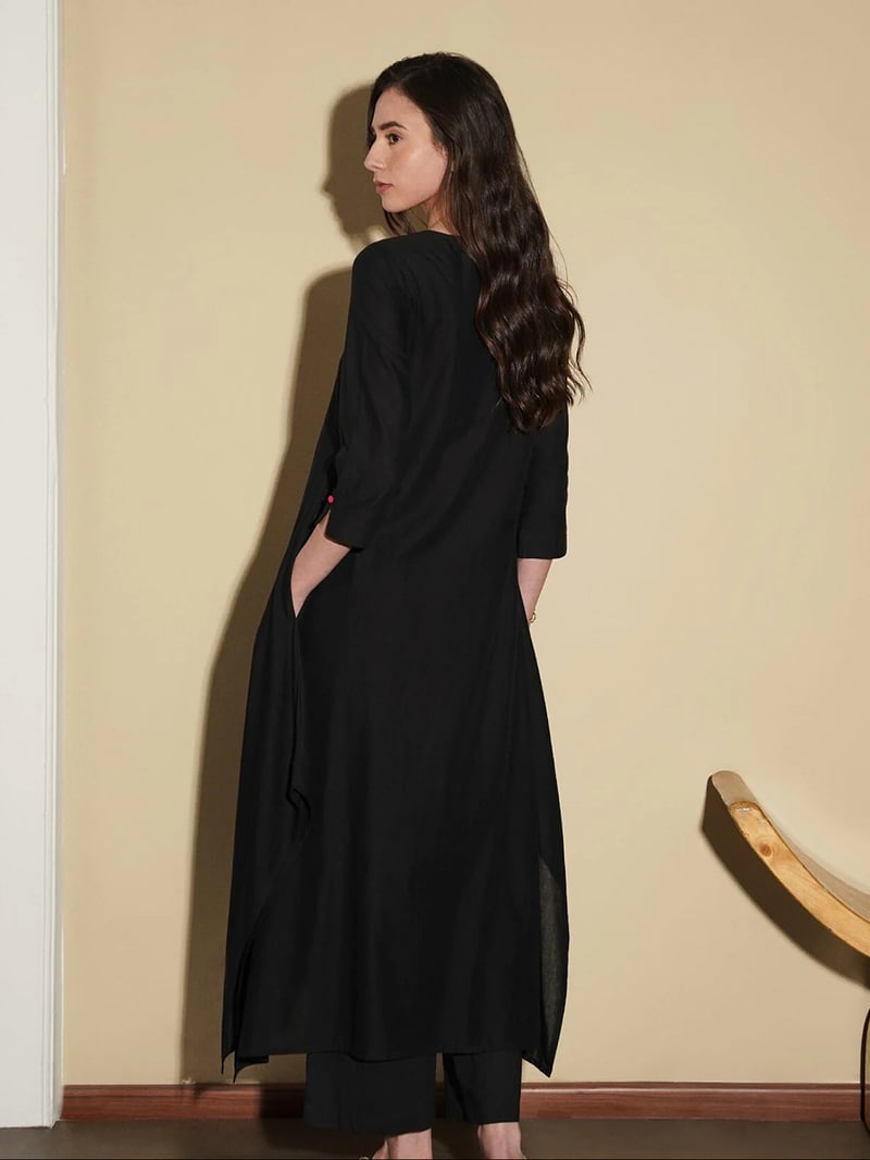 Cotton Bandhani Floral A-Line Kurta - Black