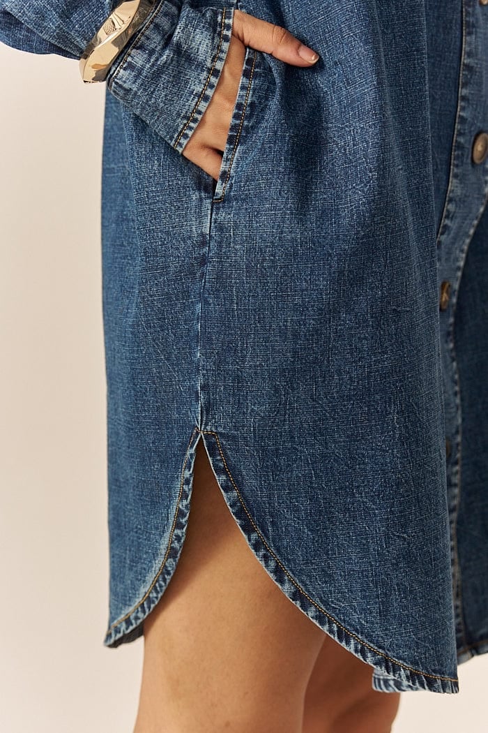 Blue Denim Relaxed Shirt Dress with Pockets