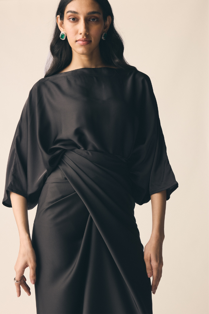 Black Satin Oversized Top and Wrap Maxi Skirt Co-ord Set