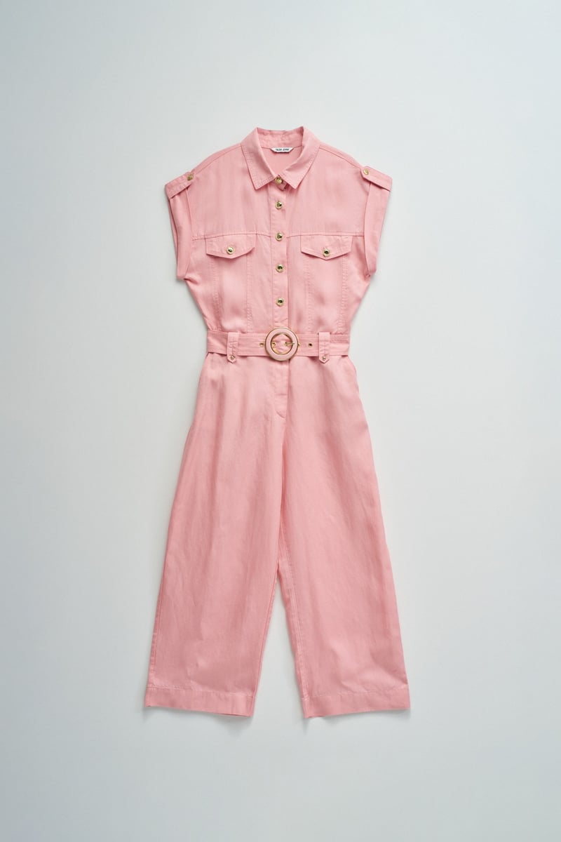 Medium Pink Light Denim Button-Front Belted Jumpsuit