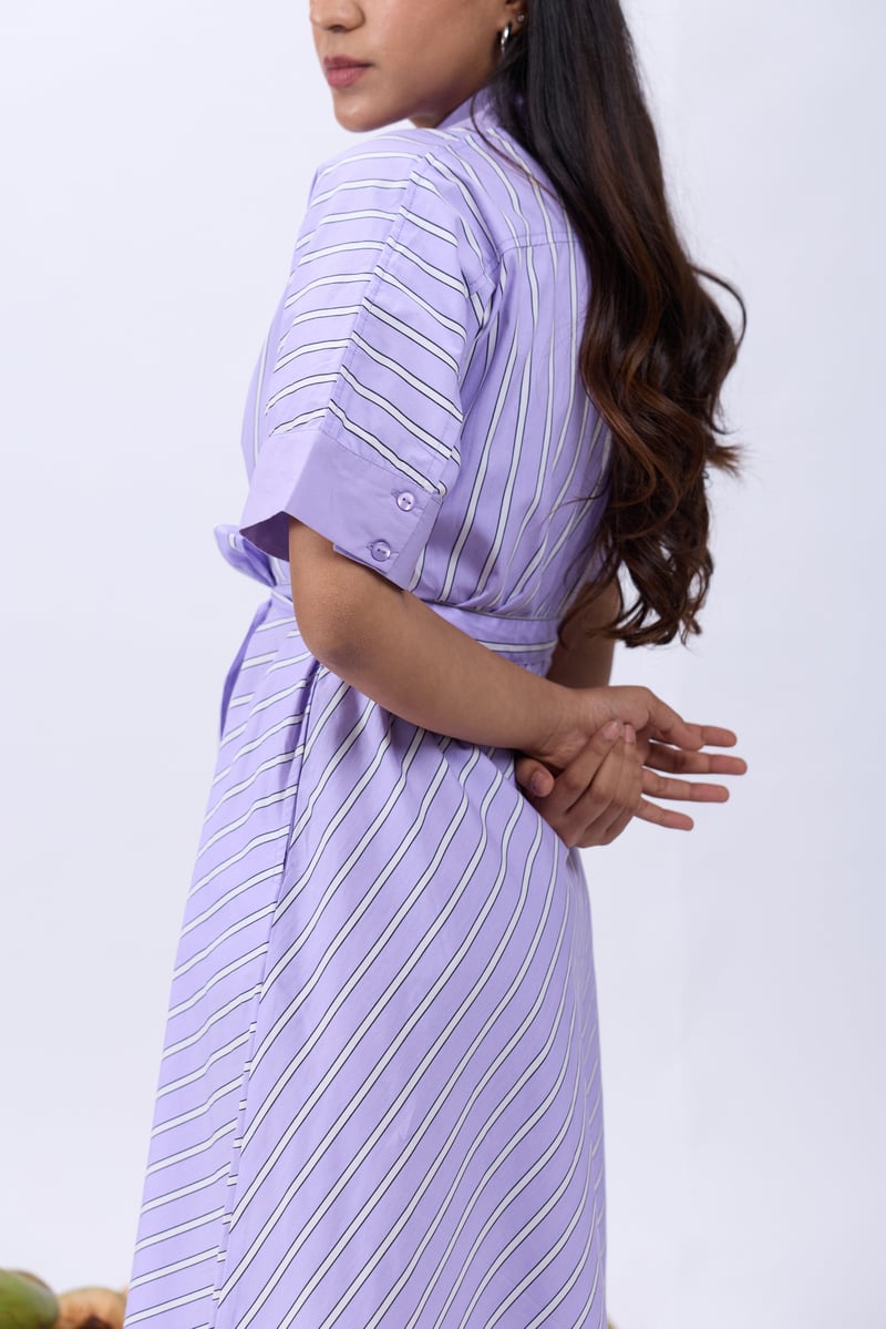 Lavender Striped Cotton Poplin Belted Midi Shirt Dress
