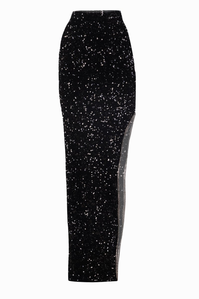 Black Sequin Maxi Pencil Skirt with Asymmetric Slit
