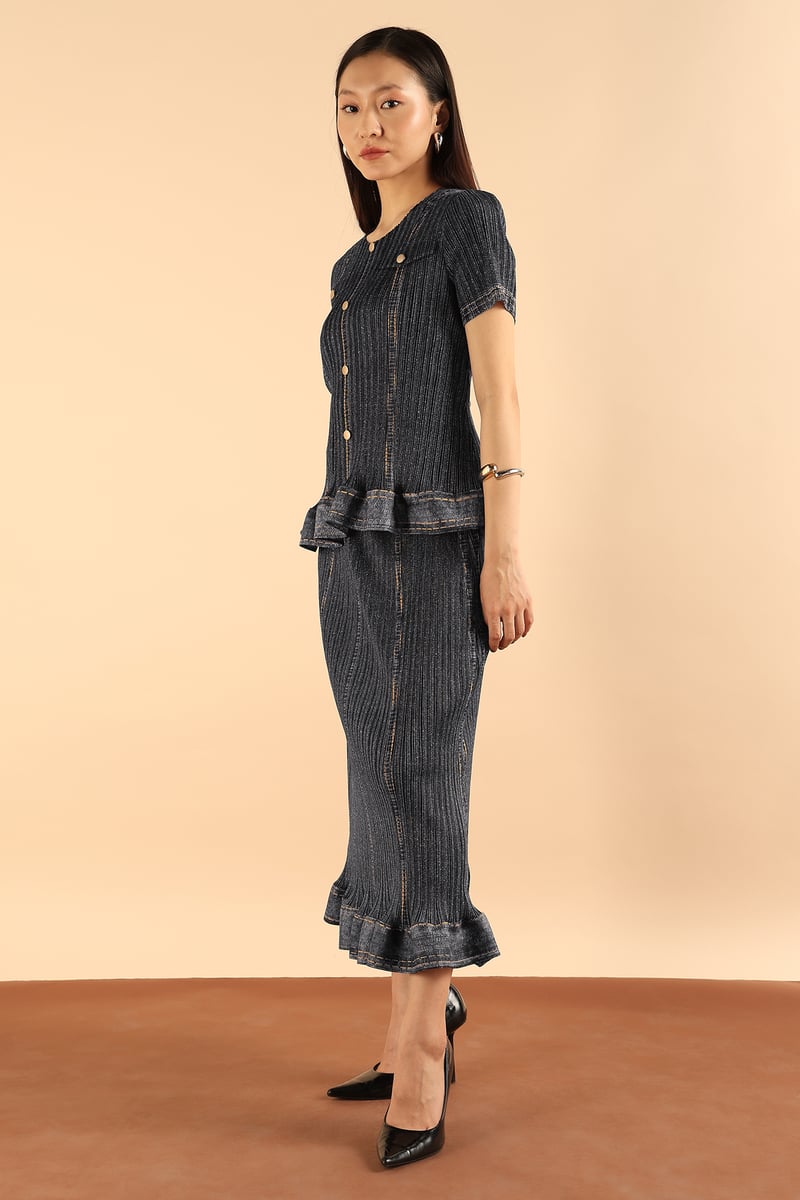 Black Button-Front Peplum Top and Maxi Skirt Co-ord Set