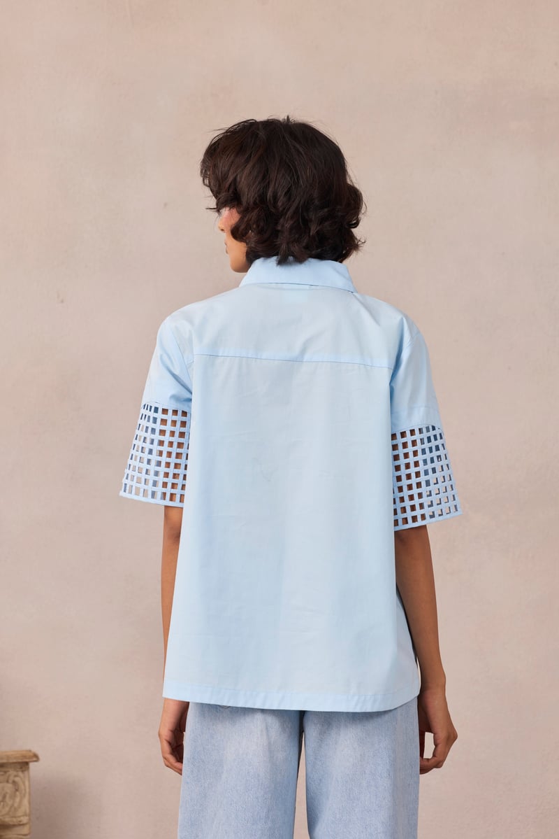 Frost Blue A-Line Shirt with Geometric Mesh Sleeve Inlay