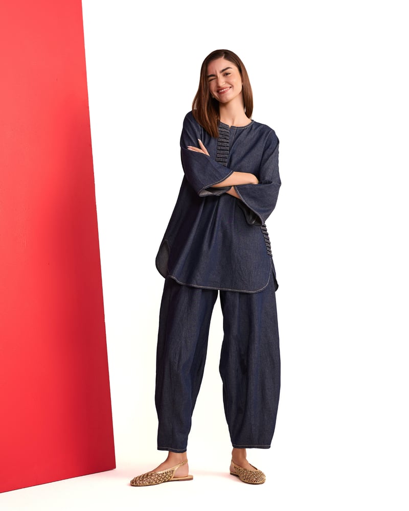 Indigo Denim Tunic and Wide-Leg Pants Co-ord Set