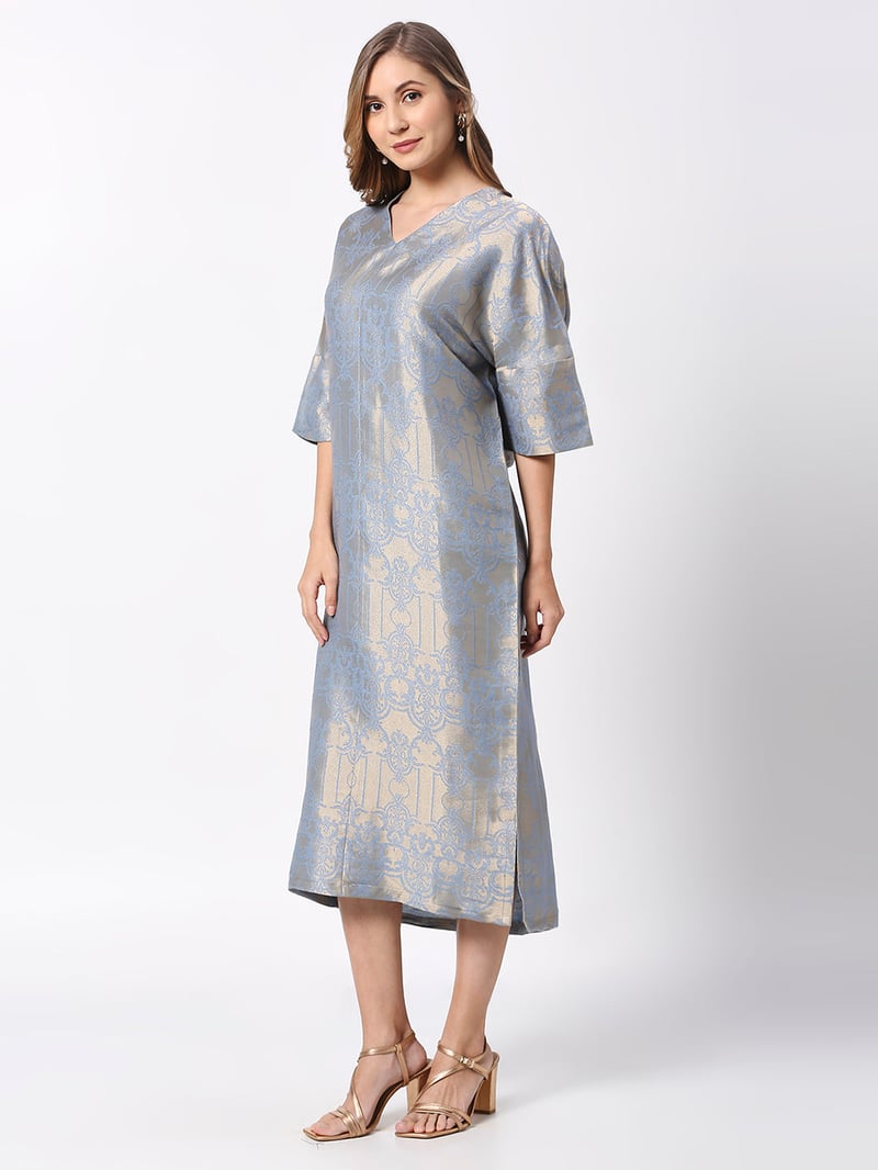 Blue Metallic Brocade Tunic Midi Dress