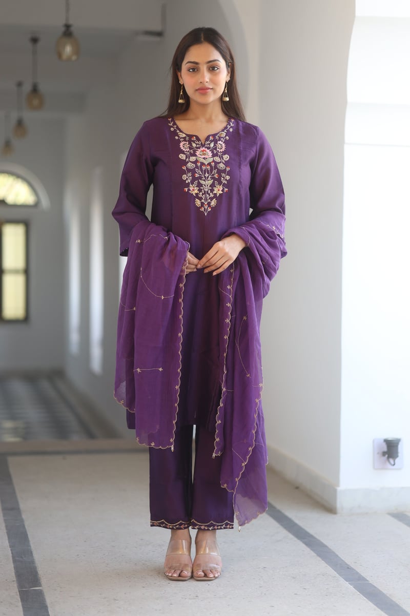 Purple Embroidered Chanderi Straight Kurta Set with Dupatta — Tatwa Designs