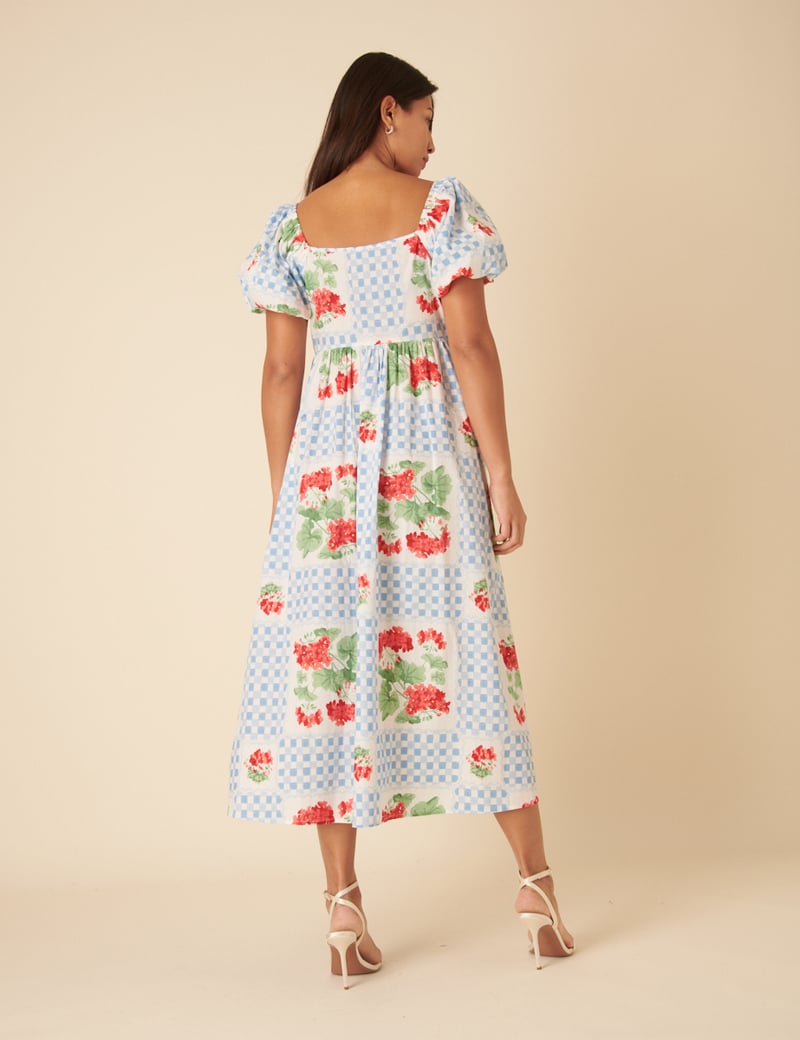 Blue Tile Check and Floral Sweetheart Midi Dress
