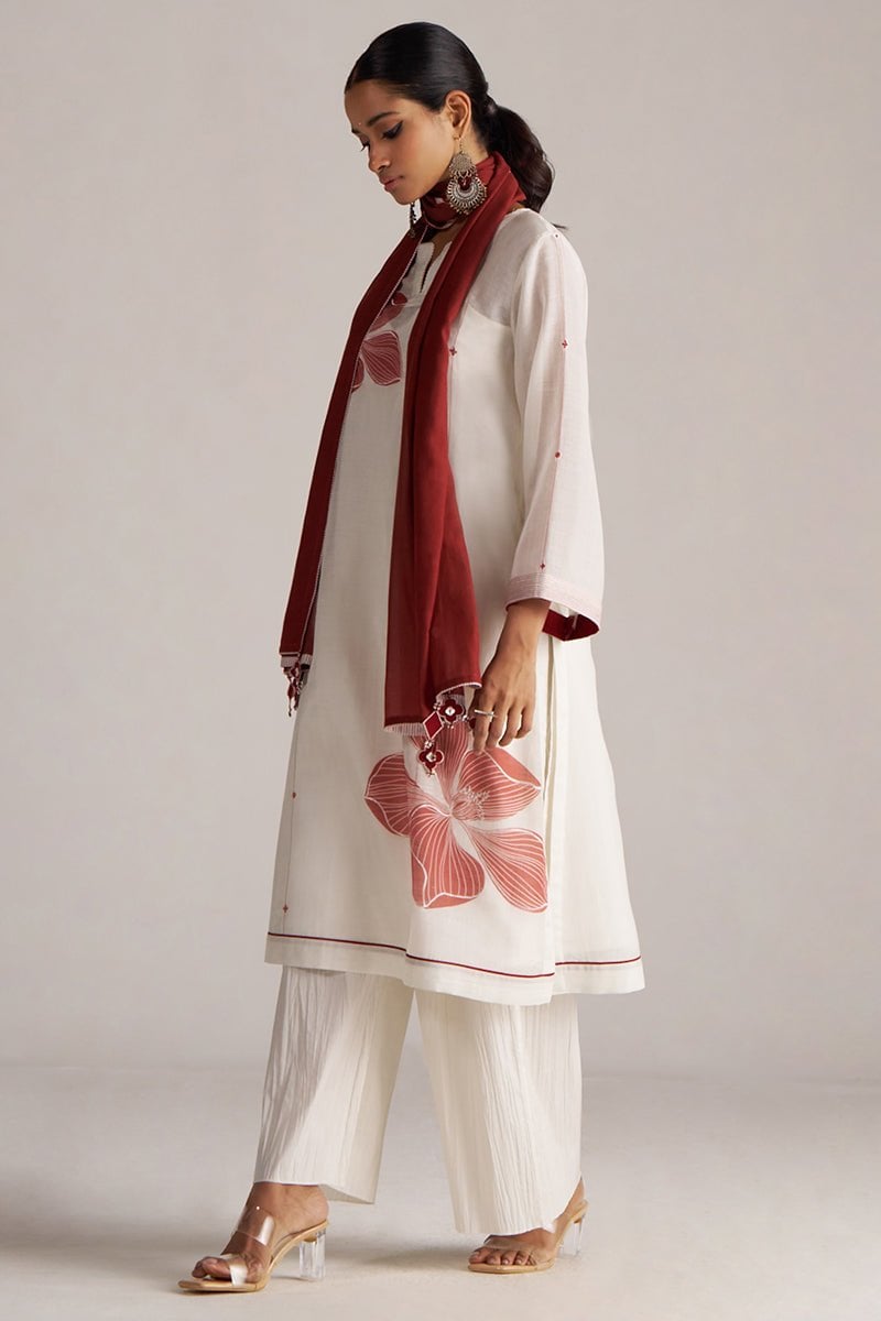 Ivory and Maroon Printed Chanderi Kurta Set with Stole
