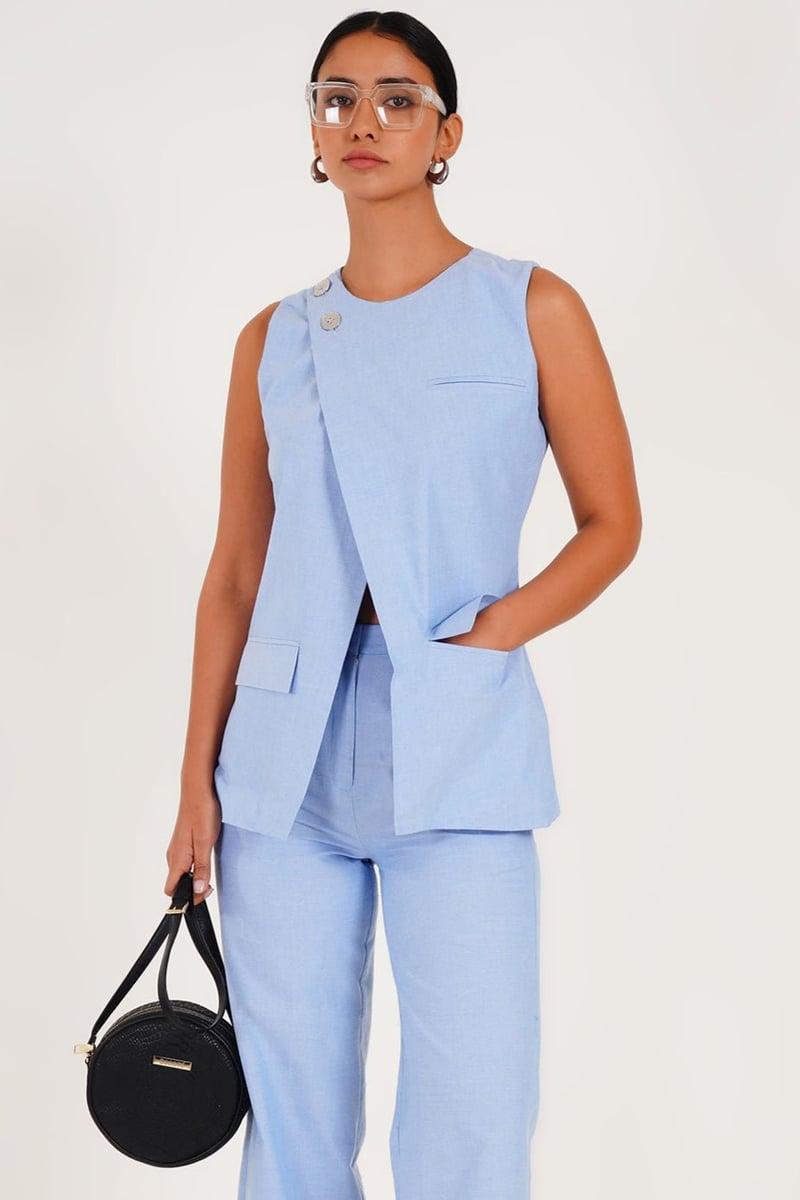 Blue Chambray Asymmetric Sleeveless Top Coat