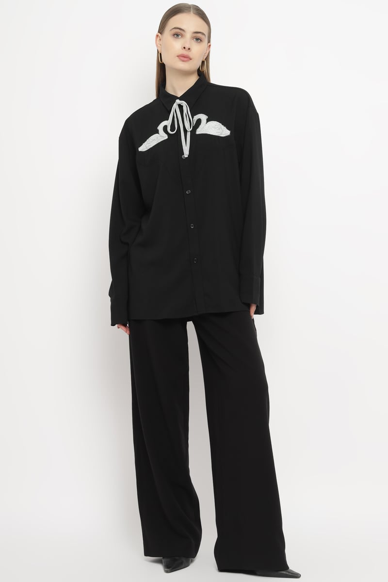 Black Oversized Swan Embroidered Shirt with Satin Necktie