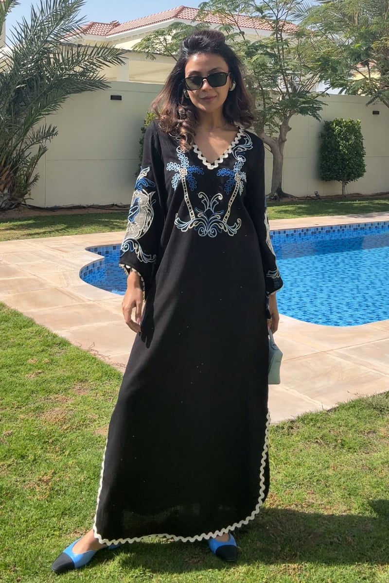 Black Linen Embroidered V-Neck Kaftan
