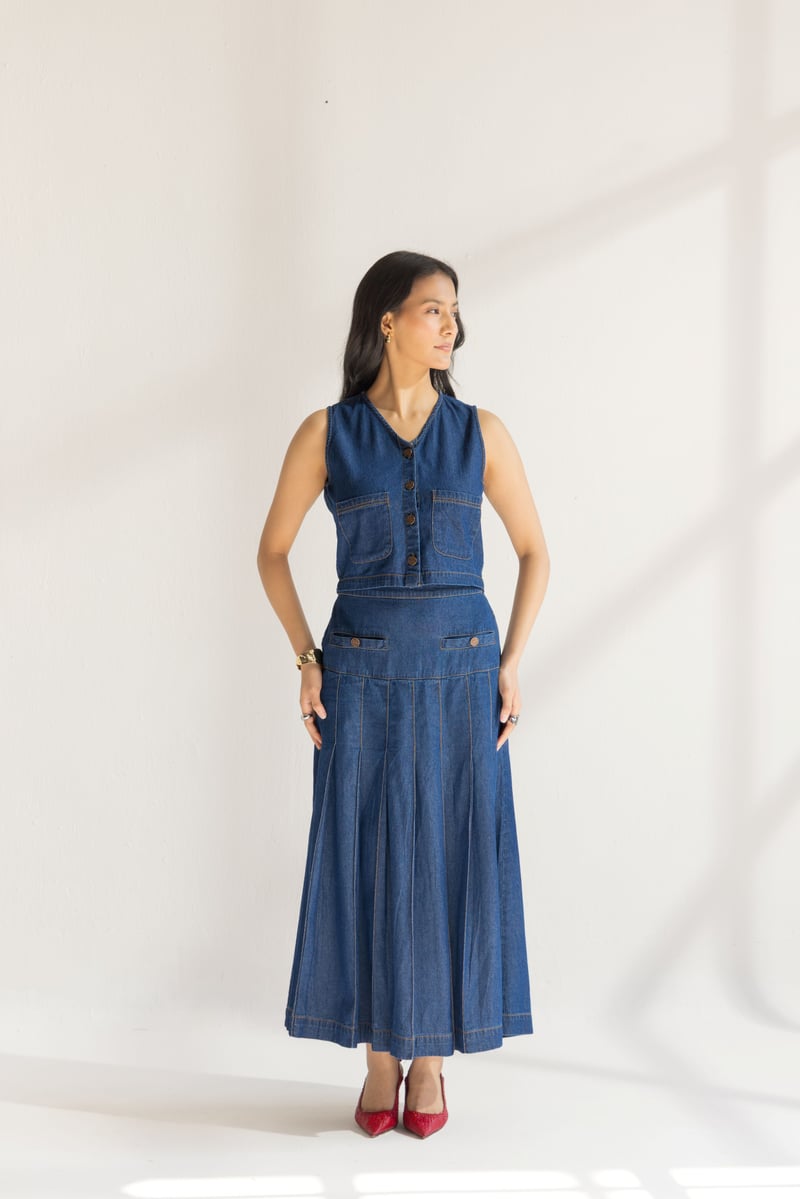 Blue Denim Vest and Pleated Midi Skirt Co-ord Set — Design By Queen Bee