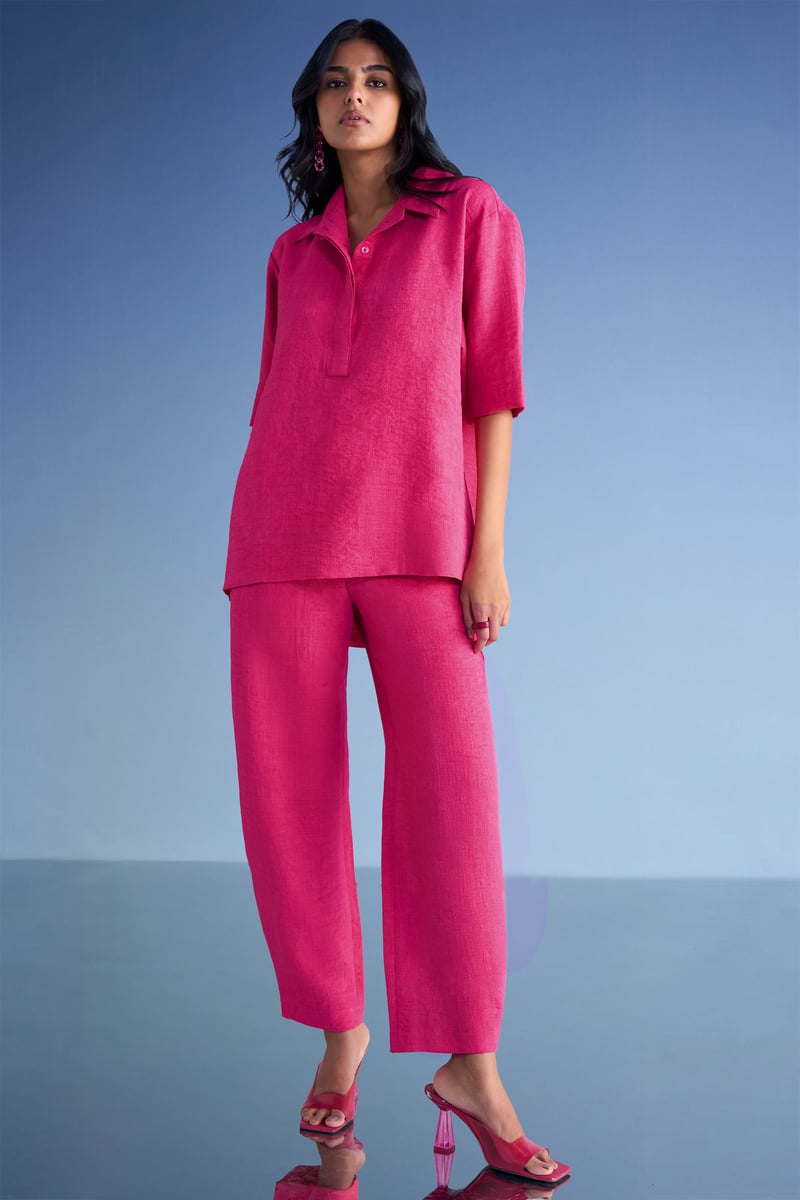 Fuchsia Linen-Textured High-Low Popover Top