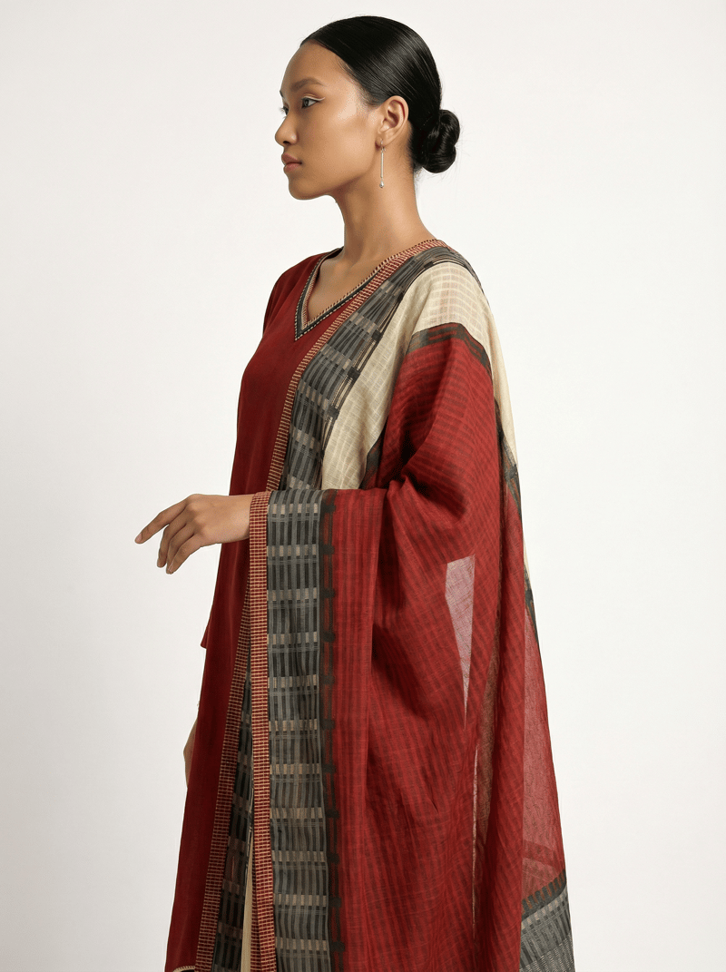 Red Muslin Silk V-Neck Asymmetrical Hem Kurta Set