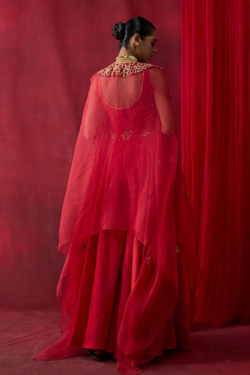 Red Embroidered Cape, Blouse and Sharara Co-ord Set