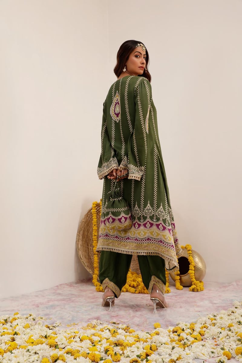 Olive Green Printed A-Line Kurta Set with Dhoti Pants