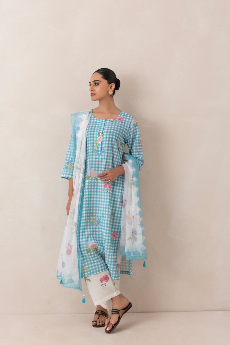 Pastel Turquoise Gingham Printed Cotton Kurta Set