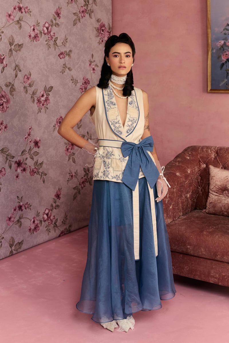 Off-White Waistcoat and Blue Maxi Skirt Co-ord Set