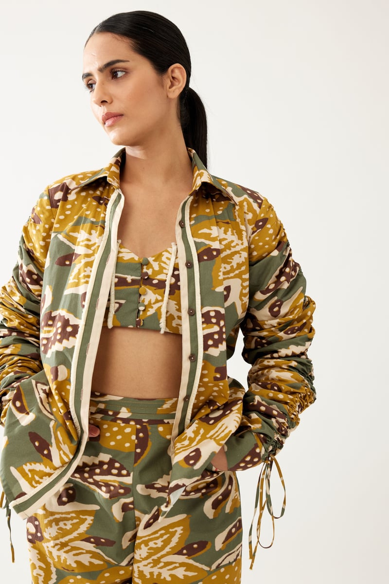 Olive And Mustard Floral Smocking Sleeve Shirt