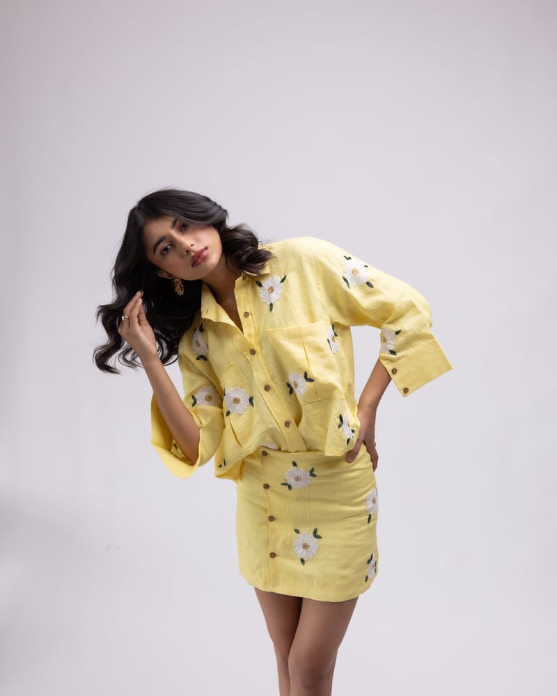 Lemon Yellow Linen Mini Skirt with Floral Embroidery