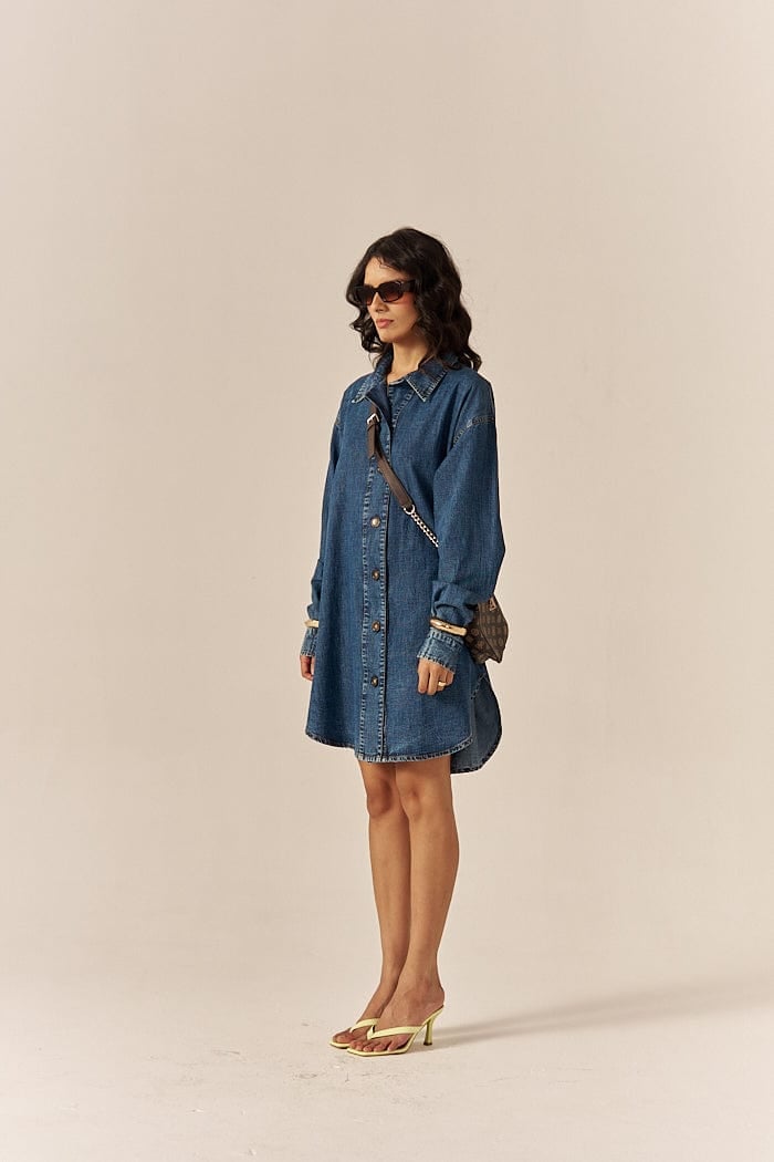 Blue Denim Relaxed Shirt Dress with Pockets