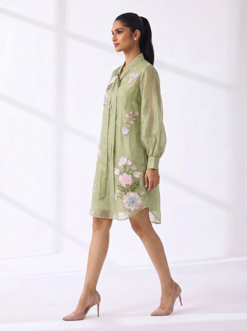Lime Green Tissue Organza Tie-Neck Shirt Dress