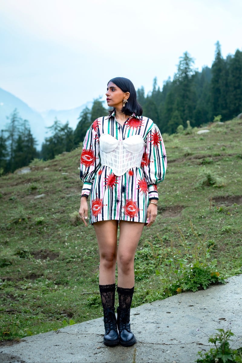 White/Green Printed Mini Shirt Dress