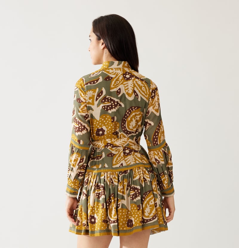 Olive And Mustard Floral Short Dress
