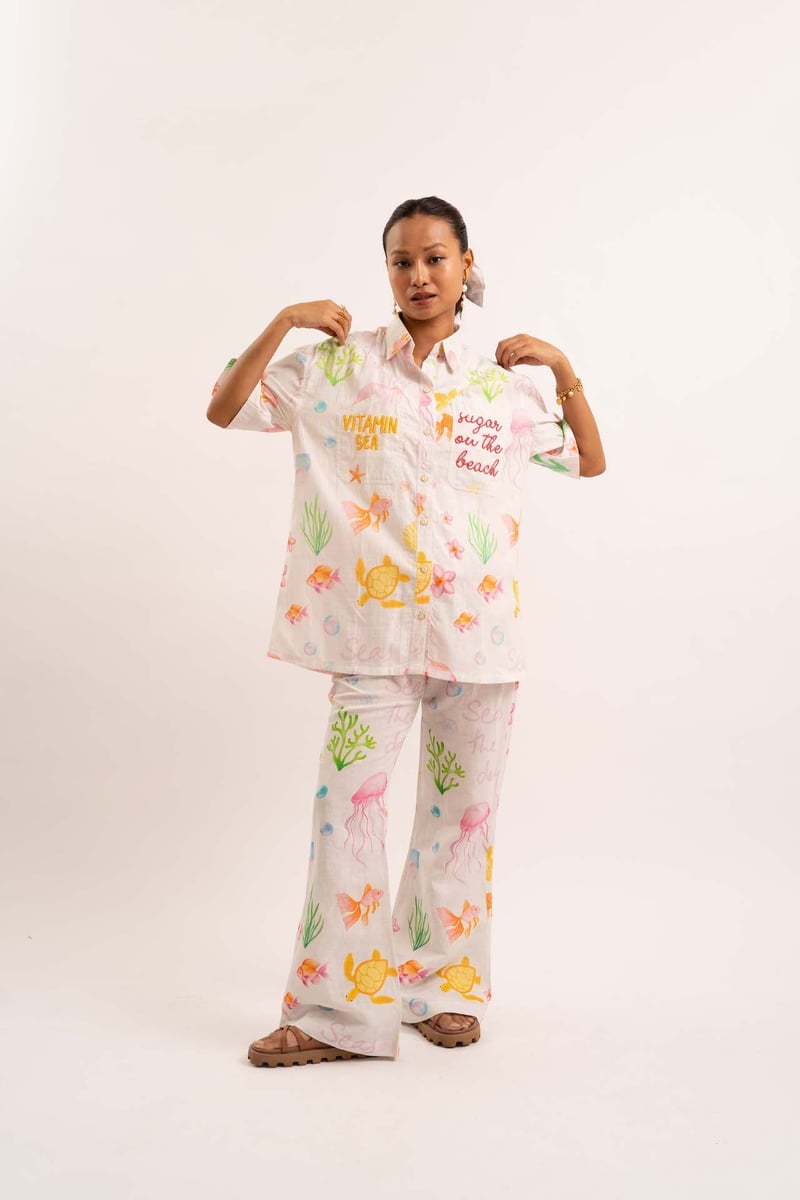 White Linen Beach Print Button-Down Shirt