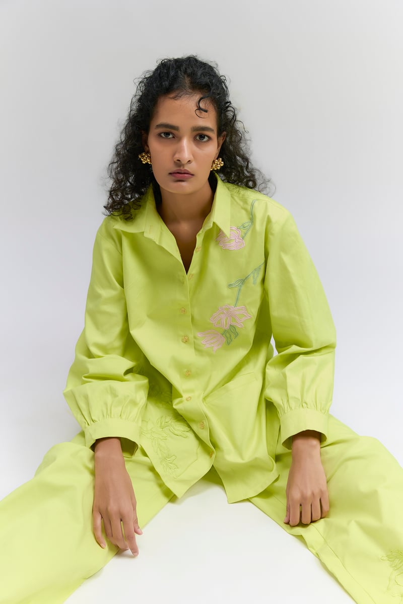 Lime Green Floral Patch Embroidered Co-Ord Set