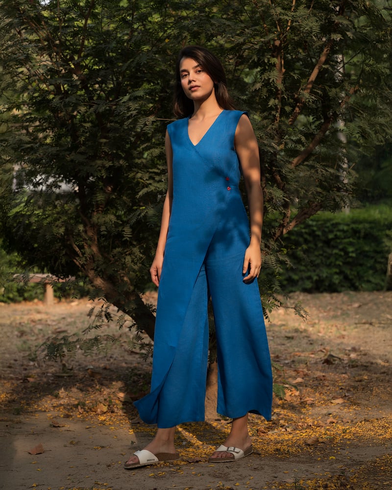 Blue Linen Wrap-Front Wide-Leg Jumpsuit