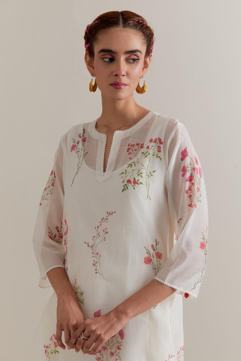 Off-White Floral Hand Block Print Kurta Set with Dupatta