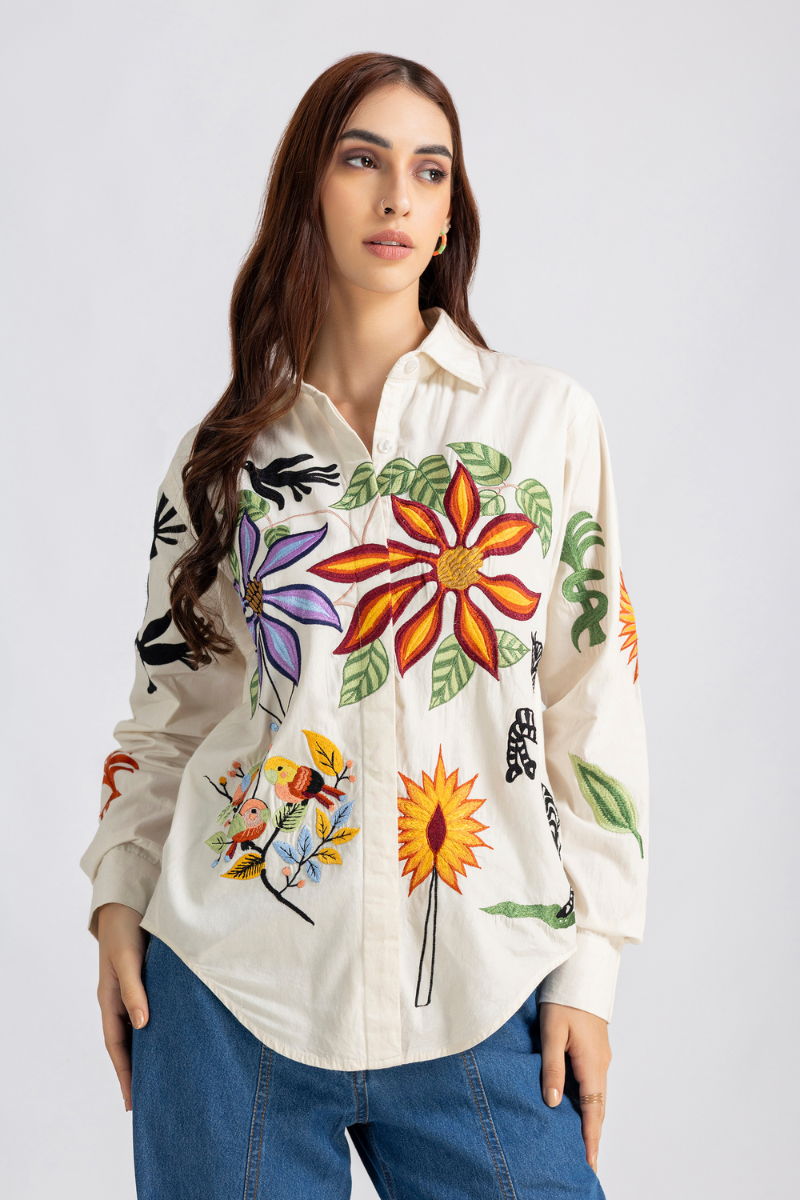Beige Cotton Poplin Embroidered Button-Down Shirt