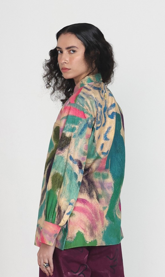 Multicolor Abstract Print Cotton Satin Relaxed-Fit Shirt