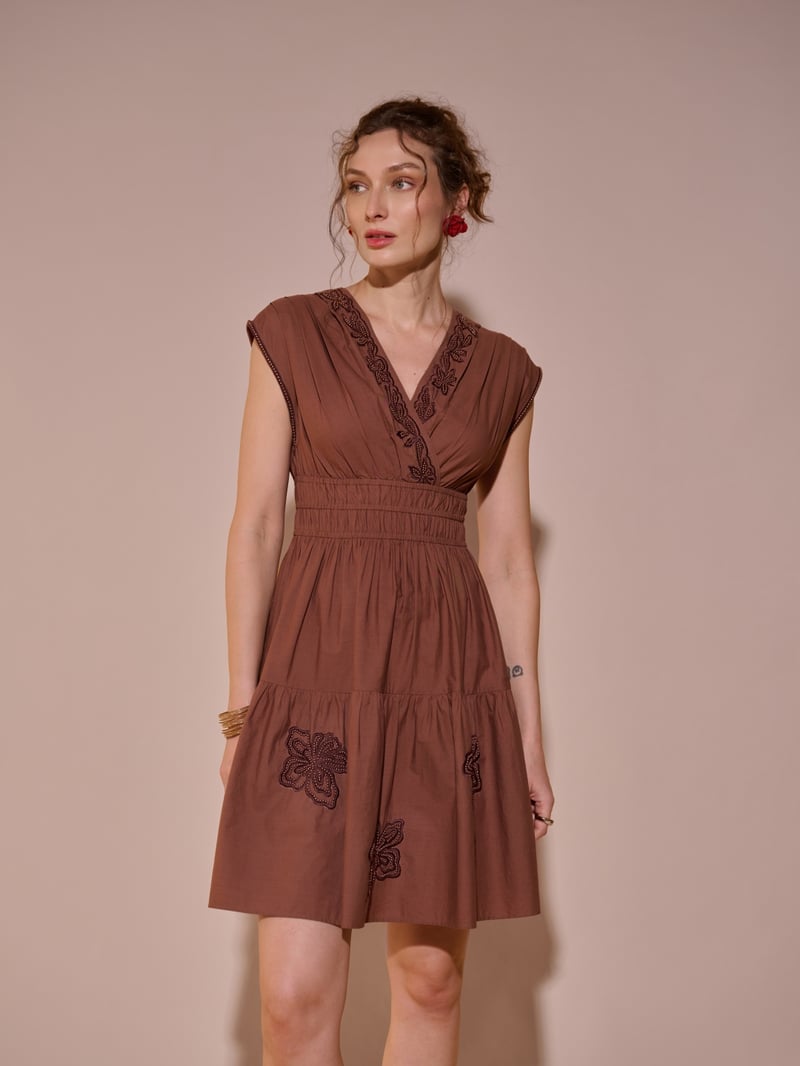 Brown Cotton Embroidered Fit and Flare Mini Dress