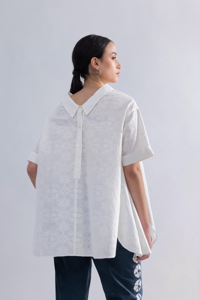 White Cotton Schiffli Anti-Fit Button-Down Shirt