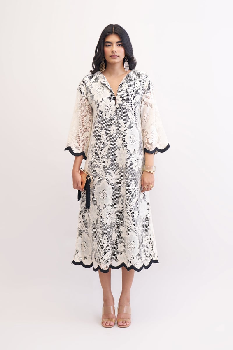 Ivory Cotton Lace Midi Kaftan Dress with Black Trim — Our Love