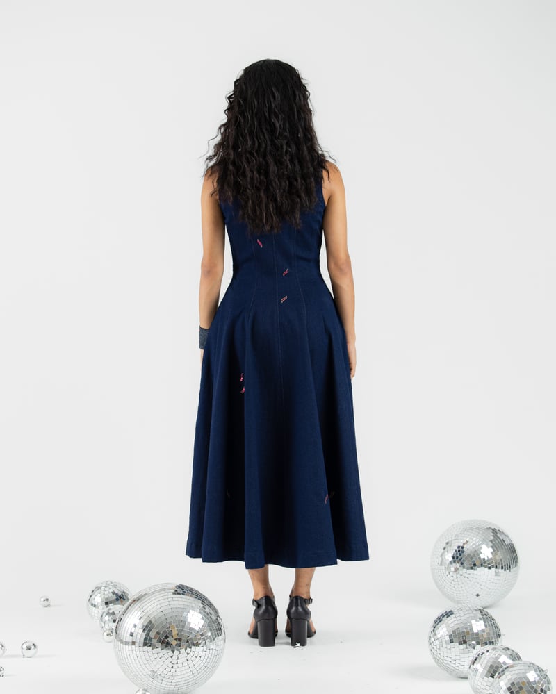Navy Blue Denim Fit and Flare Midi Dress