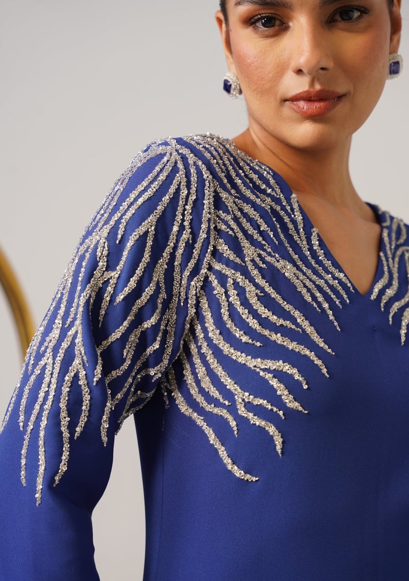 Blue Cutdana-Embellished V-Neck Midi Dress