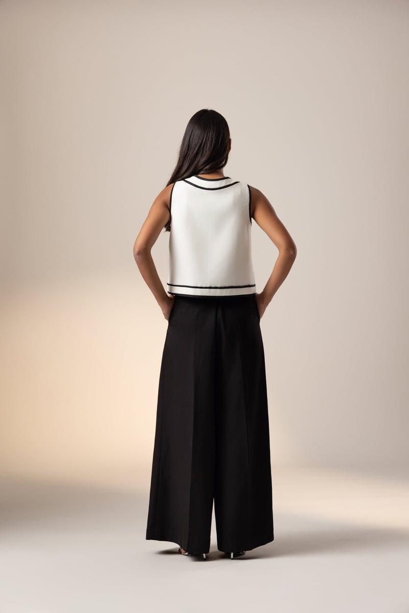 White Crepe Sleeveless A-Line Top with Contrast Piping