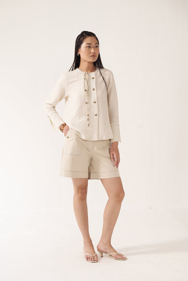 Beige Button-Front Top and High-Waist Shorts Co-ord Set