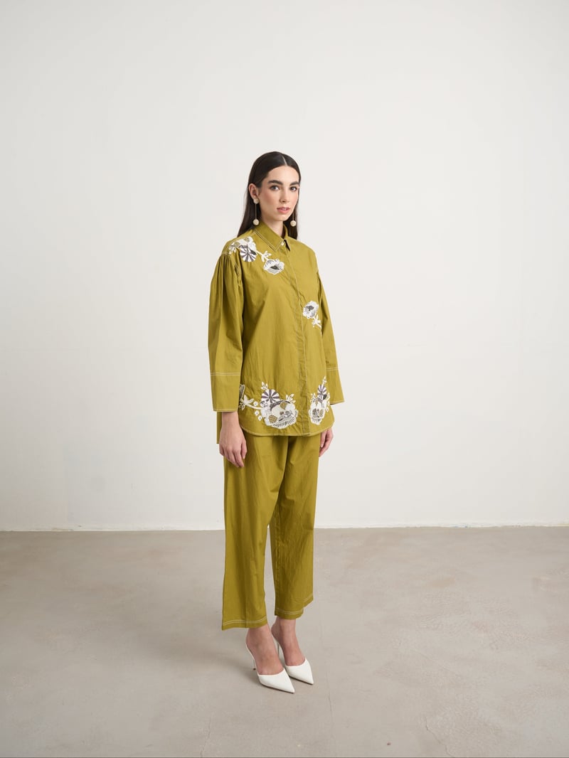 Green Embroidered Cotton Shirt and Pants Co-ord Set